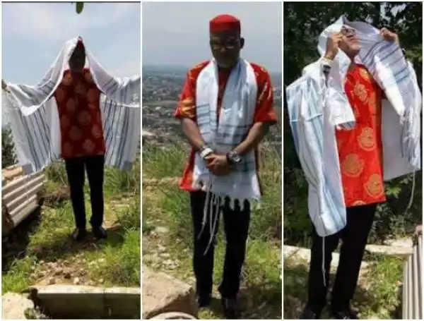 Photos of Nnamdi Kanu praying at an IPOB monument for fallen IPOB heroes